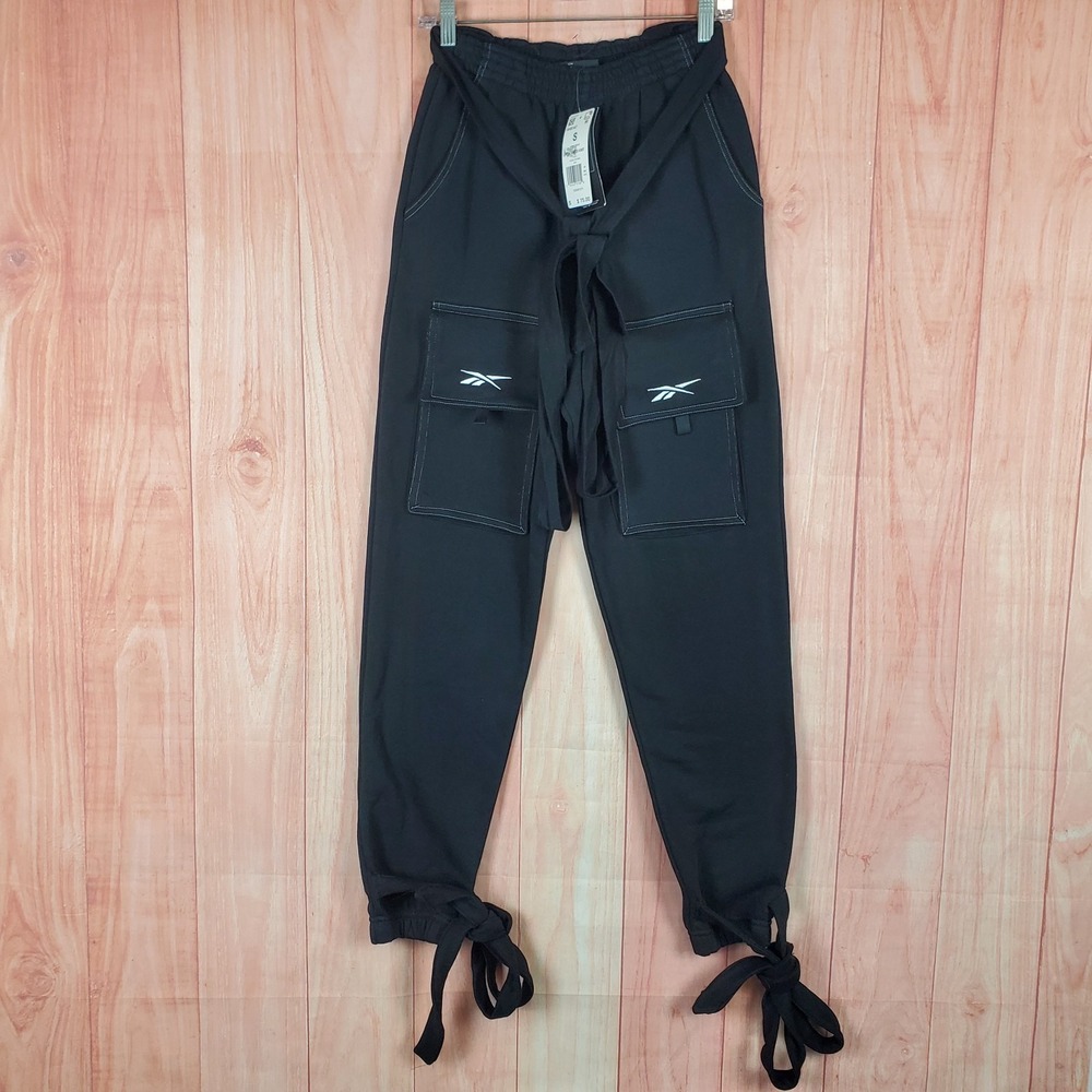 Reebok Cardi Knit Joggers‎ Pants Womens Small Black Cotton Fleece Lined Casual